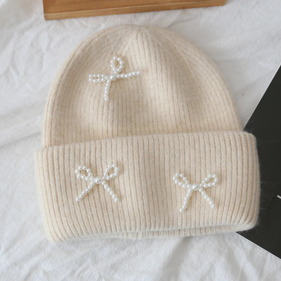 1pc Women Y2k Bow Pearl Knitted Hats Angora Rabbit Fleece Bow Winter Hat Women Fluffy Warm Beanies Plush Thick Skullies Caps 1pc Women Y2k Bow Pearl Knitted Hats Angora Rabbit Fleece Bow Winter Hat Women Fluffy Warm Beanies Plush Thick Skullies Caps