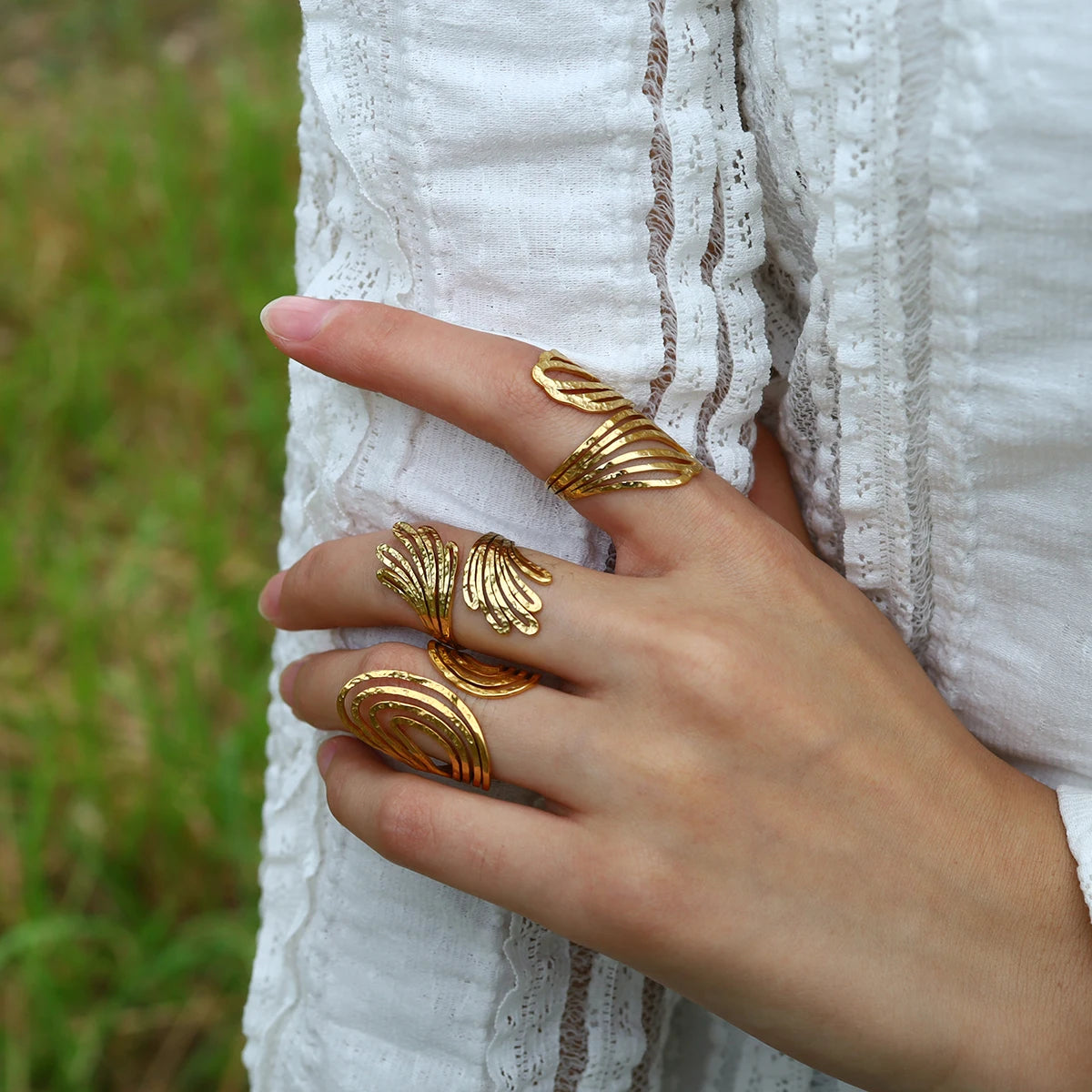 WILD & FREE 18K Gold Plated Stainless Steel Rings for Women Irregular Hammered Metal Texture Statement Jewelry WILD & FREE 18K Gold Plated Stainless Steel Rings for Women Irregular Hammered Metal Texture Statement Jewelry