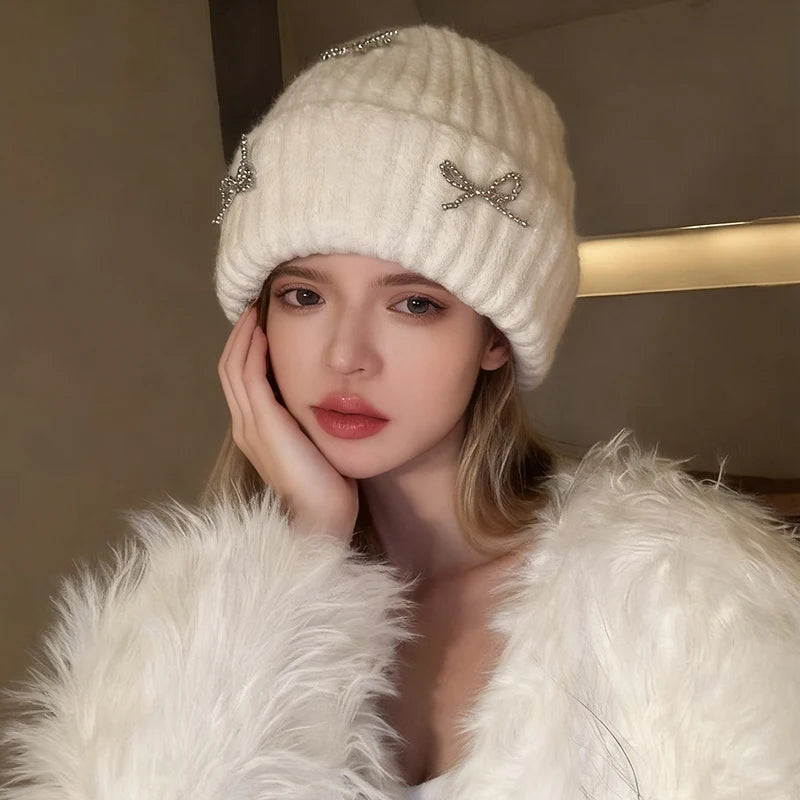 1pc Women Y2k Bow Pearl Knitted Hats Angora Rabbit Fleece Bow Winter Hat Women Fluffy Warm Beanies Plush Thick Skullies Caps 1pc Women Y2k Bow Pearl Knitted Hats Angora Rabbit Fleece Bow Winter Hat Women Fluffy Warm Beanies Plush Thick Skullies Caps