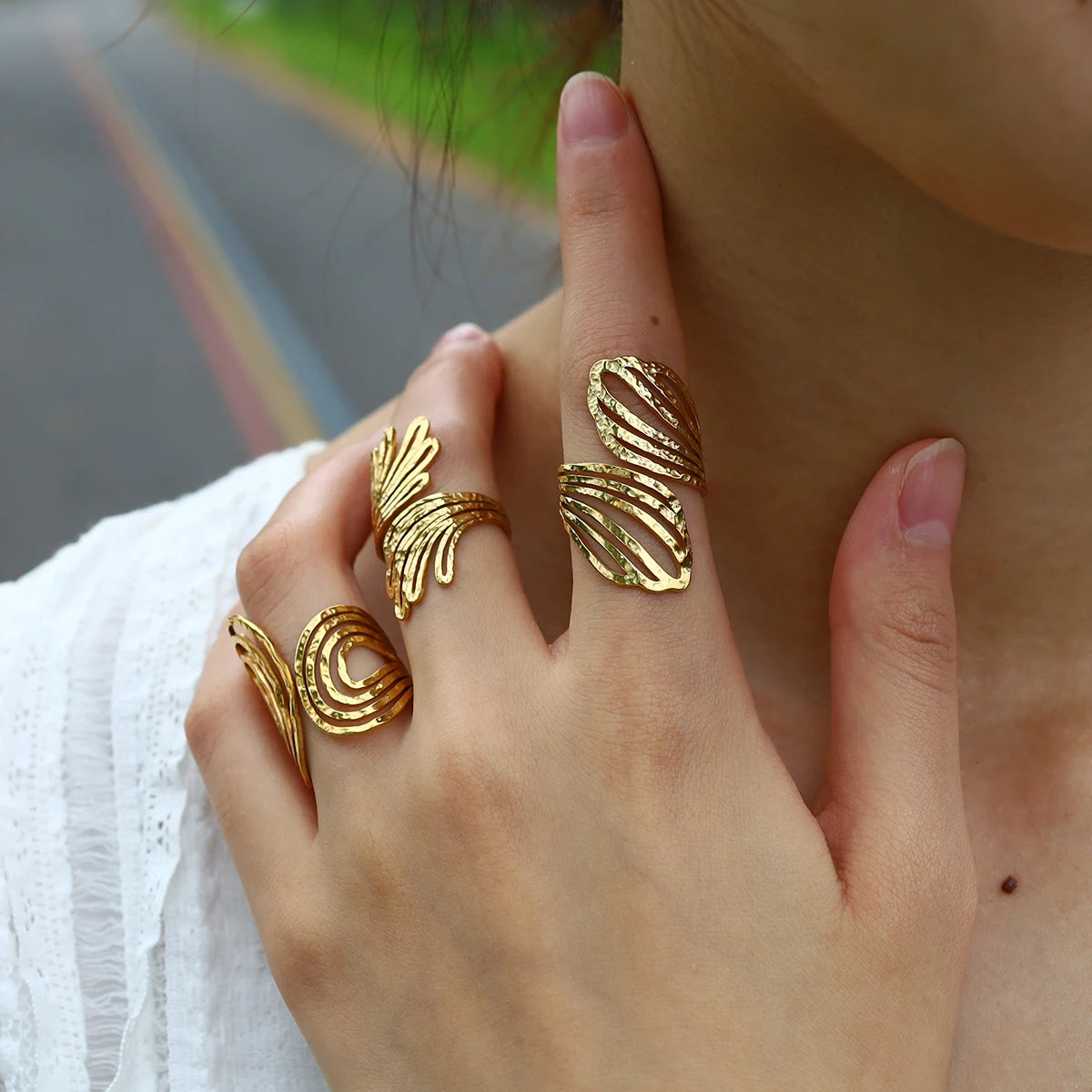 WILD & FREE 18K Gold Plated Stainless Steel Rings for Women Irregular Hammered Metal Texture Statement Jewelry WILD & FREE 18K Gold Plated Stainless Steel Rings for Women Irregular Hammered Metal Texture Statement Jewelry