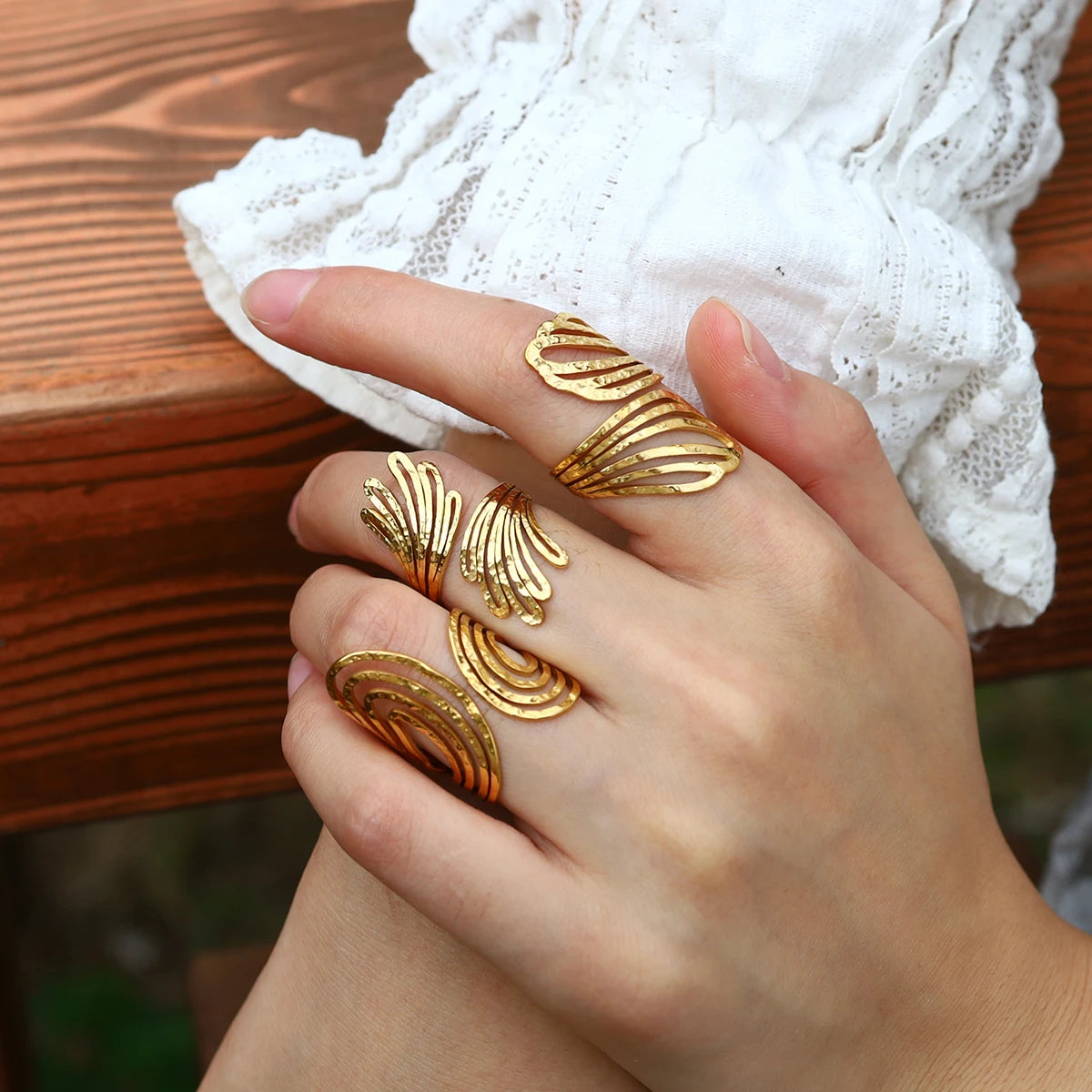 WILD & FREE 18K Gold Plated Stainless Steel Rings for Women Irregular Hammered Metal Texture Statement Jewelry WILD & FREE 18K Gold Plated Stainless Steel Rings for Women Irregular Hammered Metal Texture Statement Jewelry
