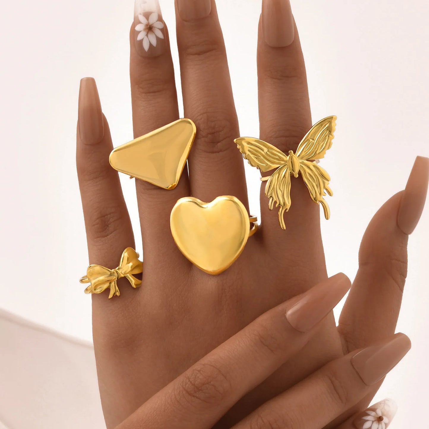Vnox Stainless Steel Open Ring,Minimalist Irregular Bow Star Sunflower Plant Elements Curved Ring,Finger Jewelry Cute Gifts