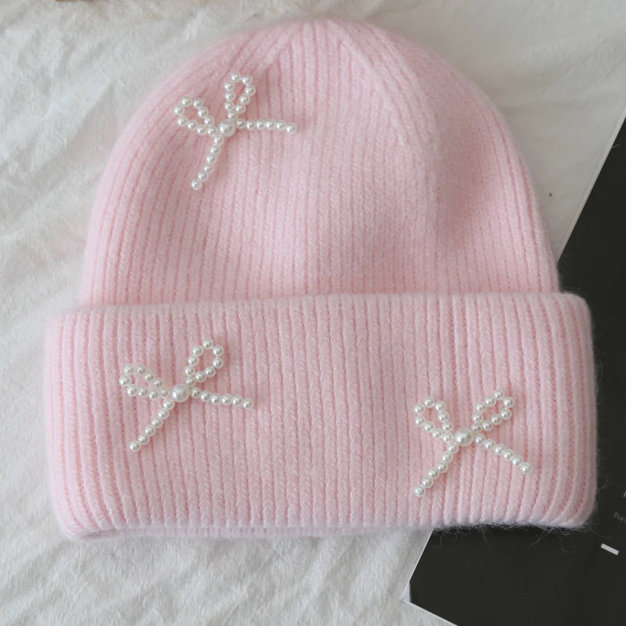 1pc Women Y2k Bow Pearl Knitted Hats Angora Rabbit Fleece Bow Winter Hat Women Fluffy Warm Beanies Plush Thick Skullies Caps 1pc Women Y2k Bow Pearl Knitted Hats Angora Rabbit Fleece Bow Winter Hat Women Fluffy Warm Beanies Plush Thick Skullies Caps