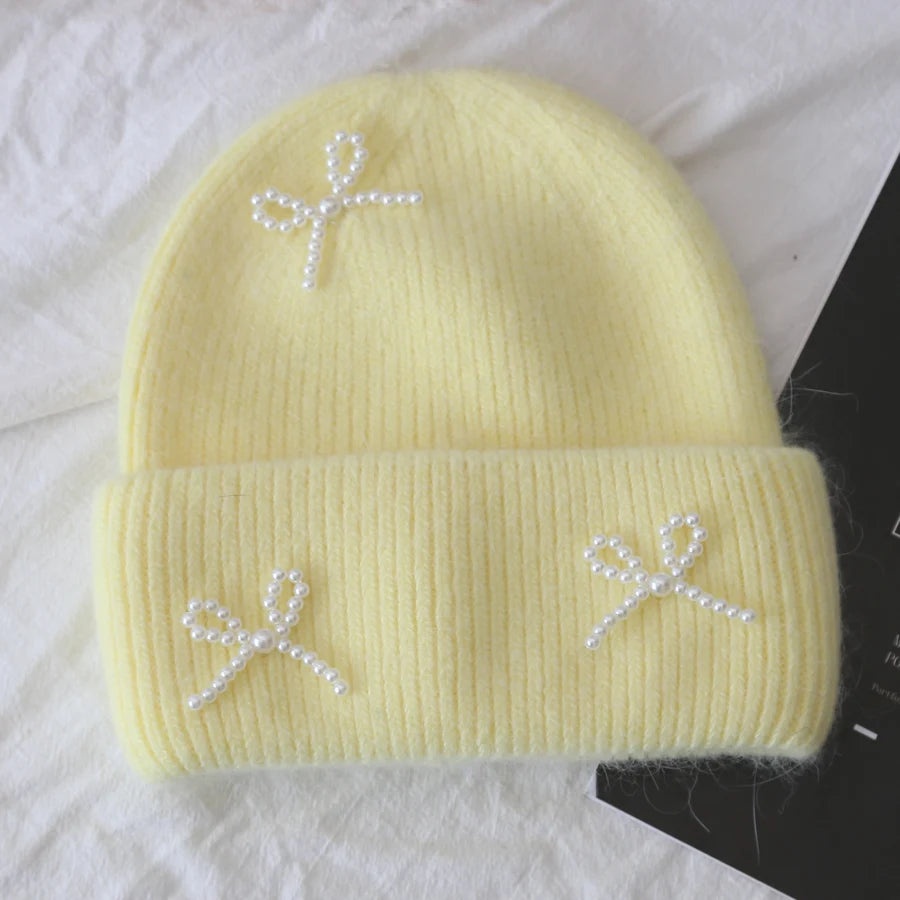 1pc Women Y2k Bow Pearl Knitted Hats Angora Rabbit Fleece Bow Winter Hat Women Fluffy Warm Beanies Plush Thick Skullies Caps 1pc Women Y2k Bow Pearl Knitted Hats Angora Rabbit Fleece Bow Winter Hat Women Fluffy Warm Beanies Plush Thick Skullies Caps
