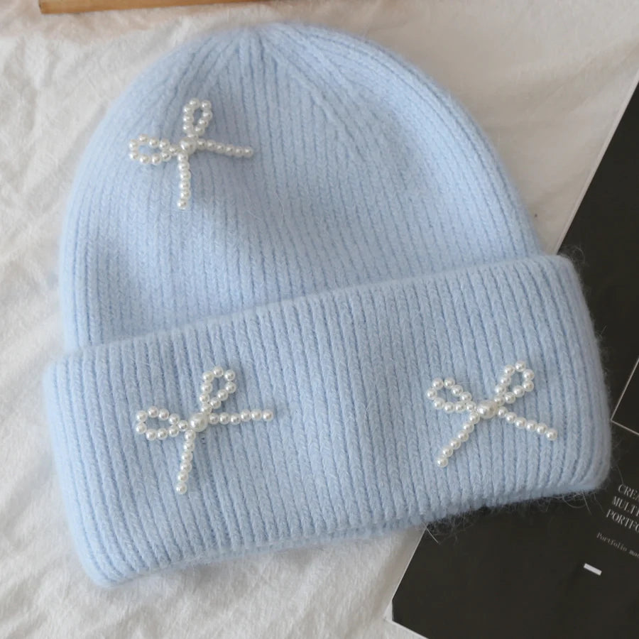 1pc Women Y2k Bow Pearl Knitted Hats Angora Rabbit Fleece Bow Winter Hat Women Fluffy Warm Beanies Plush Thick Skullies Caps 1pc Women Y2k Bow Pearl Knitted Hats Angora Rabbit Fleece Bow Winter Hat Women Fluffy Warm Beanies Plush Thick Skullies Caps