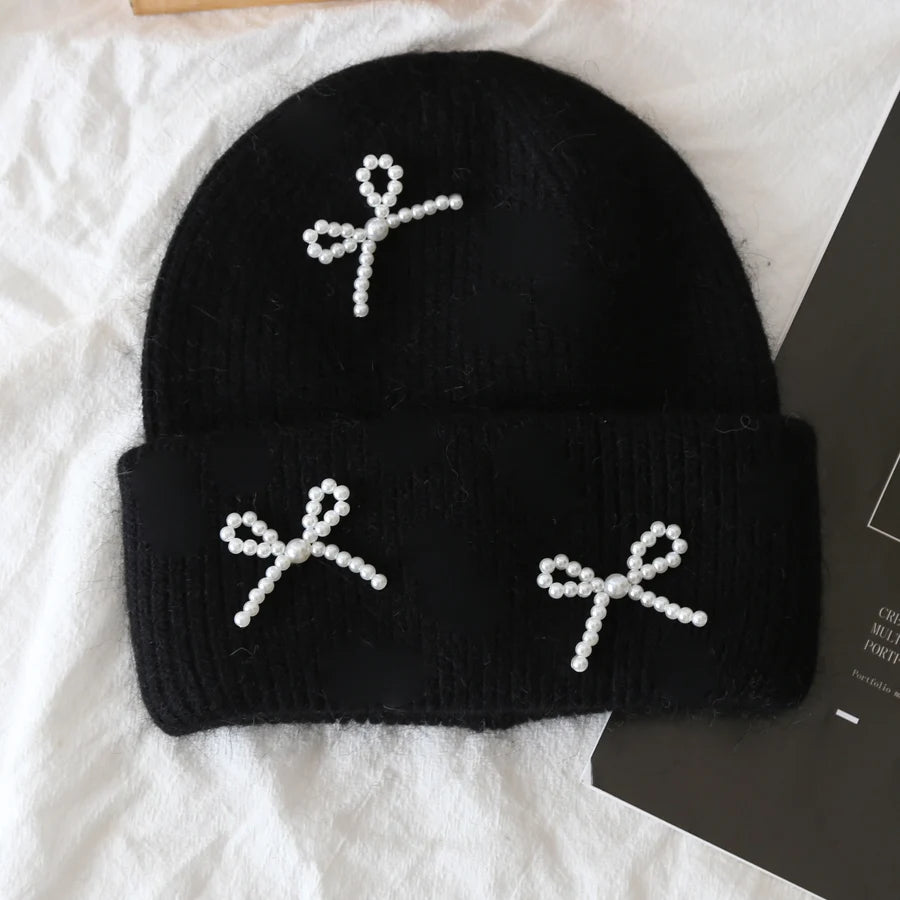 1pc Women Y2k Bow Pearl Knitted Hats Angora Rabbit Fleece Bow Winter Hat Women Fluffy Warm Beanies Plush Thick Skullies Caps 1pc Women Y2k Bow Pearl Knitted Hats Angora Rabbit Fleece Bow Winter Hat Women Fluffy Warm Beanies Plush Thick Skullies Caps