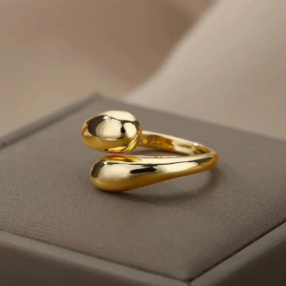 Gold Stainless Steel Open Ring for Women – Double Ball Beads Couple Jewelry