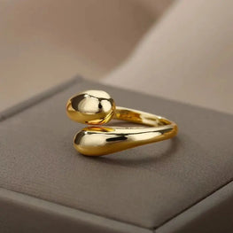 Gold Stainless Steel Open Ring for Women – Double Ball Beads Couple Jewelry