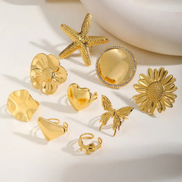Vnox Stainless Steel Open Ring,Minimalist Irregular Bow Star Sunflower Plant Elements Curved Ring,Finger Jewelry Cute Gifts