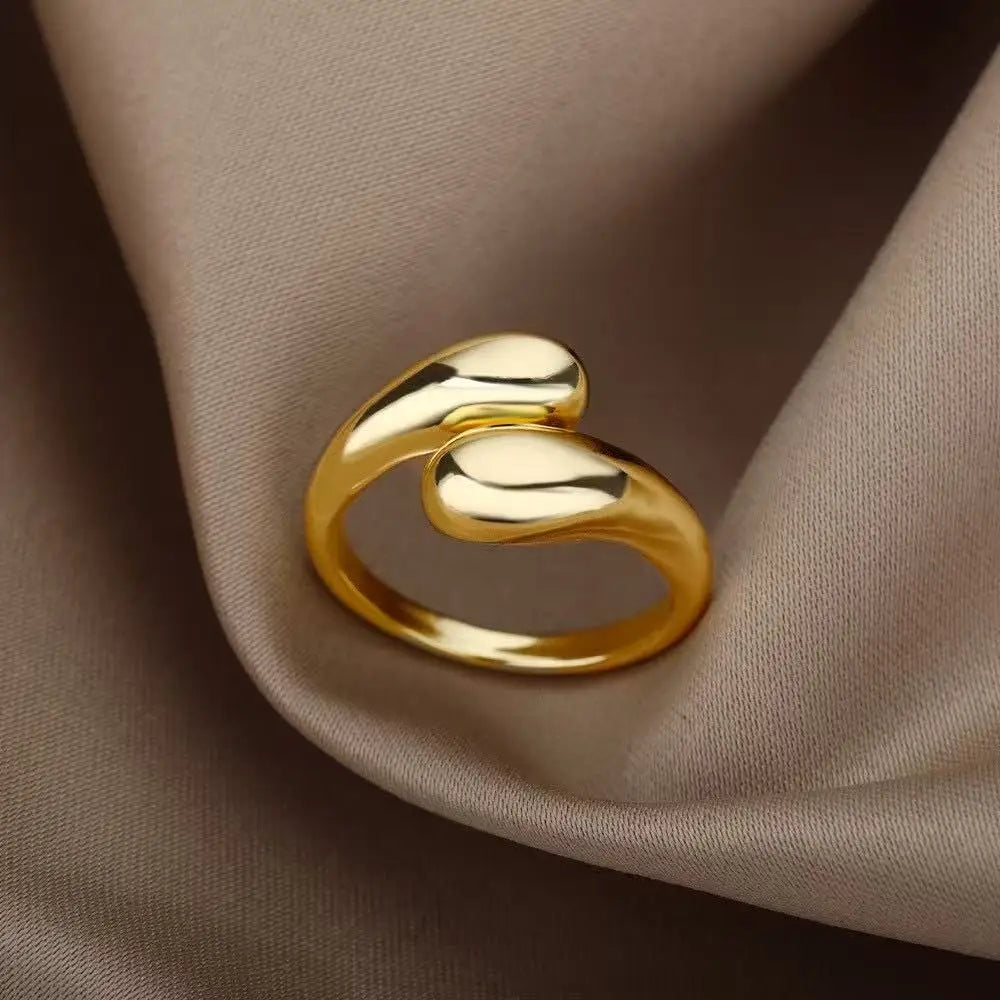 Gold Stainless Steel Open Ring for Women – Double Ball Beads Couple Jewelry