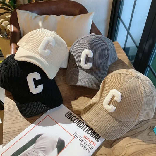 Women’s Corduroy Baseball Cap – Letter C Adjustable Snapback