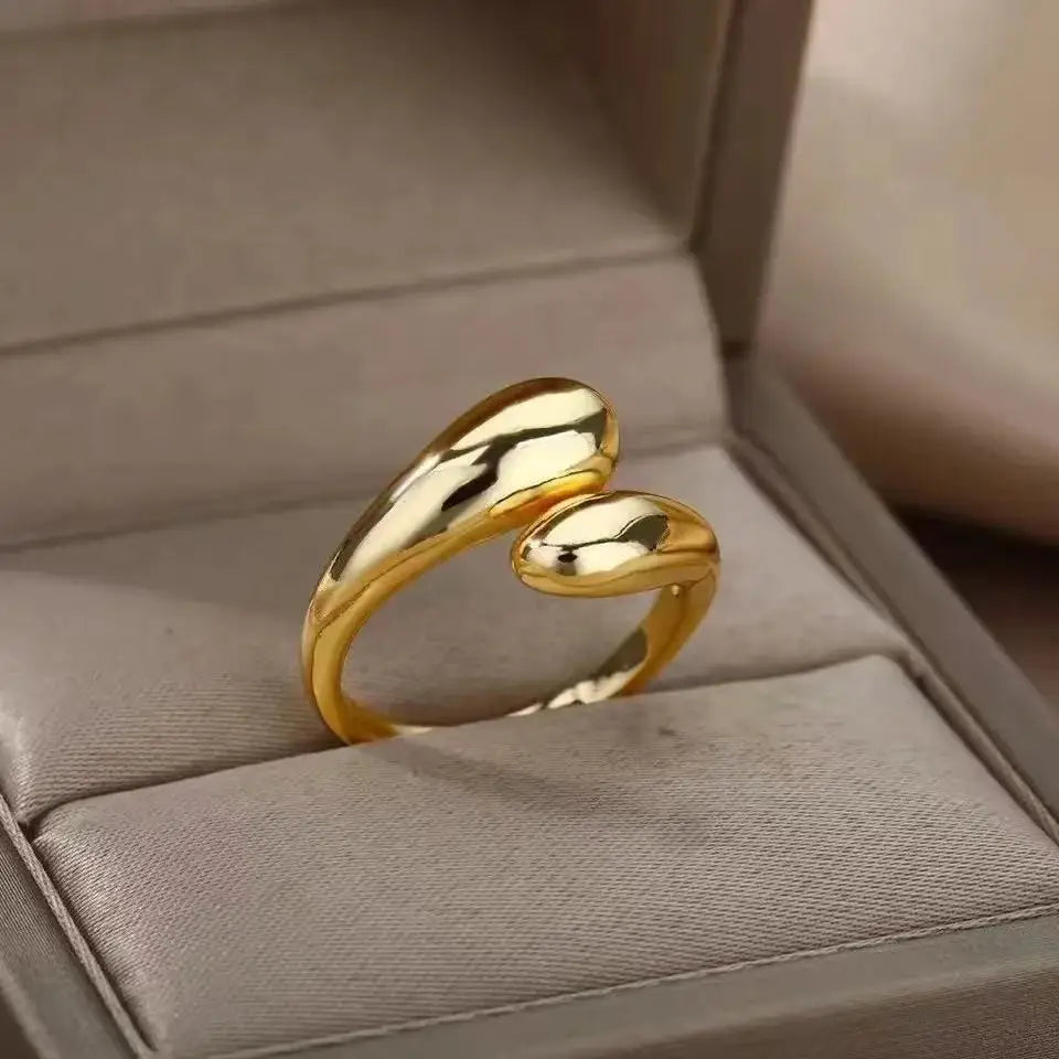 Gold Stainless Steel Open Ring for Women – Double Ball Beads Couple Jewelry