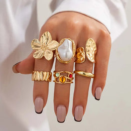 6Pcs/Set Gold Color Imitation Pearl Open Ring for Women Vintage Colorful Flower Crystal Rings Set Engagement Party Jewelry Gifts