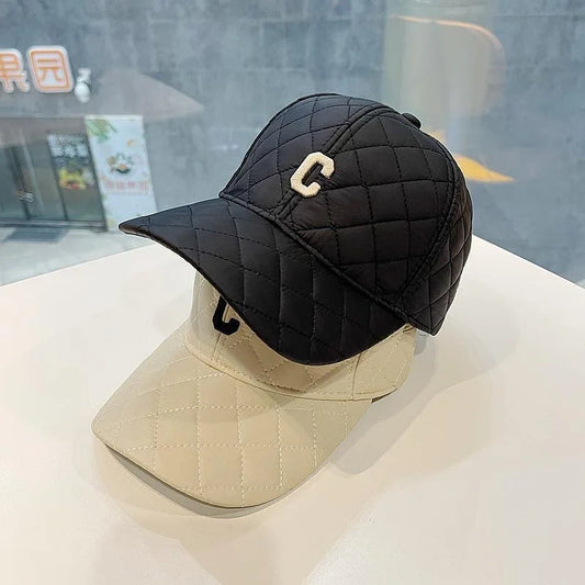 A niche design down cotton pressed grid warm baseball cap with winter embroidery letters, simple couple's duckbill cap