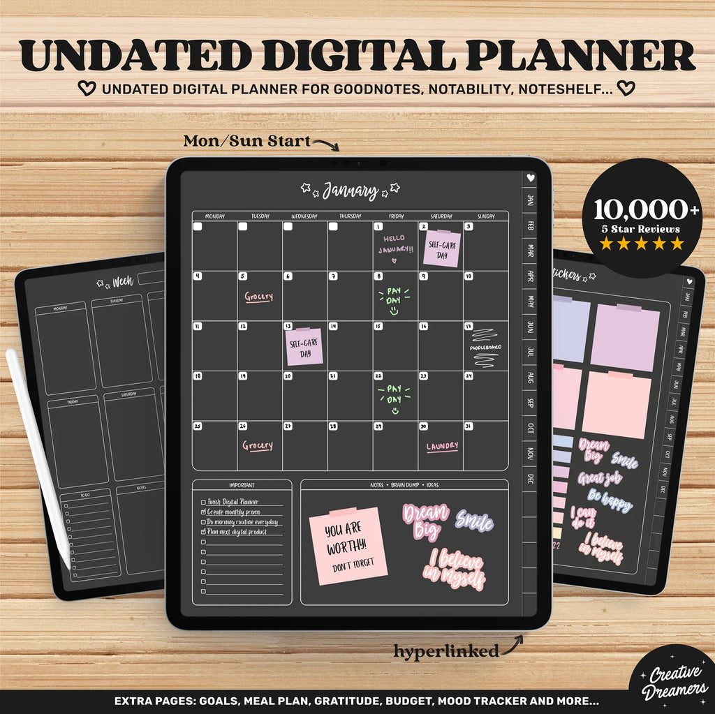 Digital Planner Goodnotes, Dark Digital Planner, Undated Digital Planner, Digital iPad Planner, Notability Planner, Goodnotes Planner