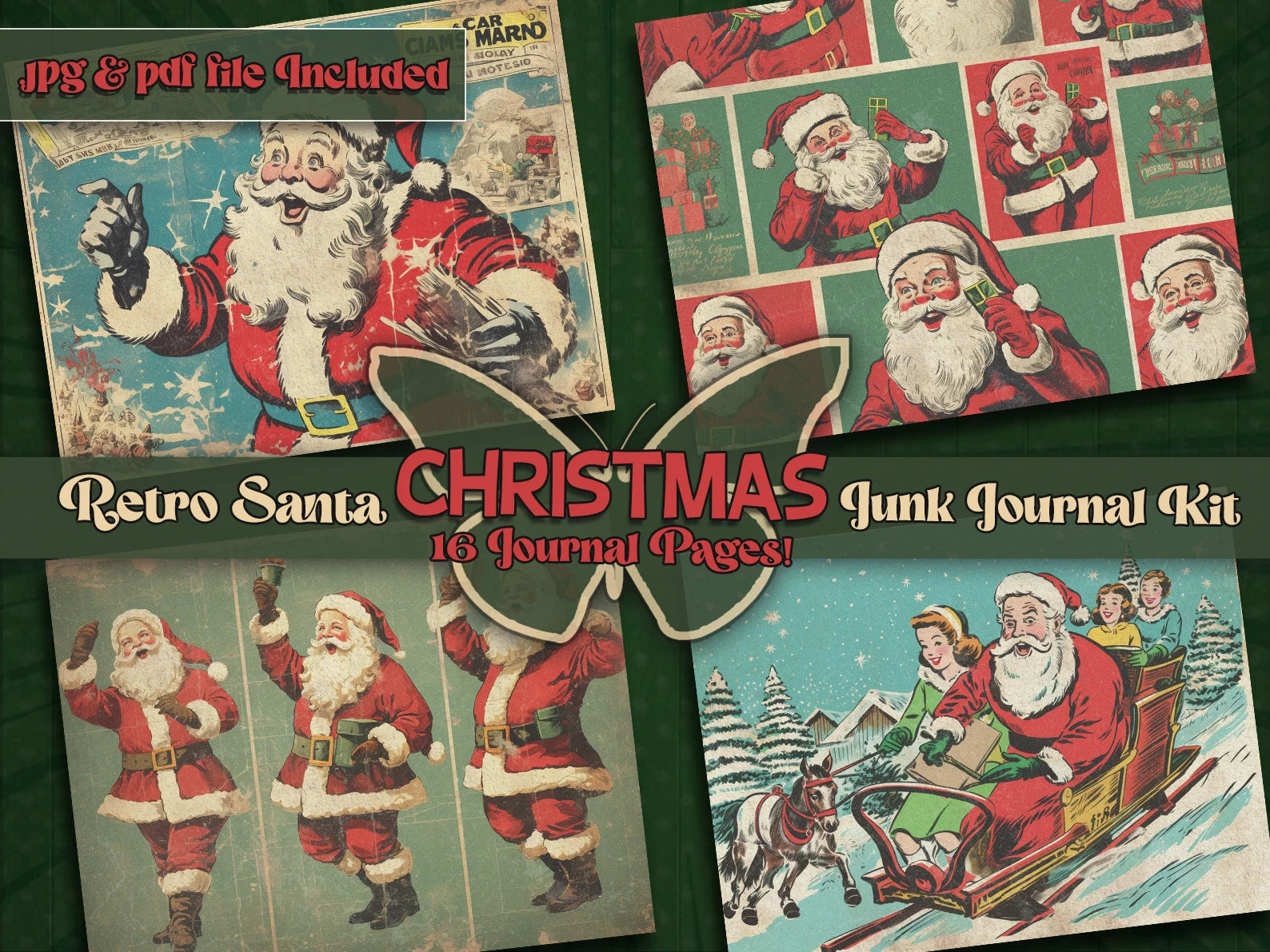 Retro santa printful junkjournal paper Christmas vintage digital downloaded Retro papers Santa junkjournal Christmas clause gifted Comic art
