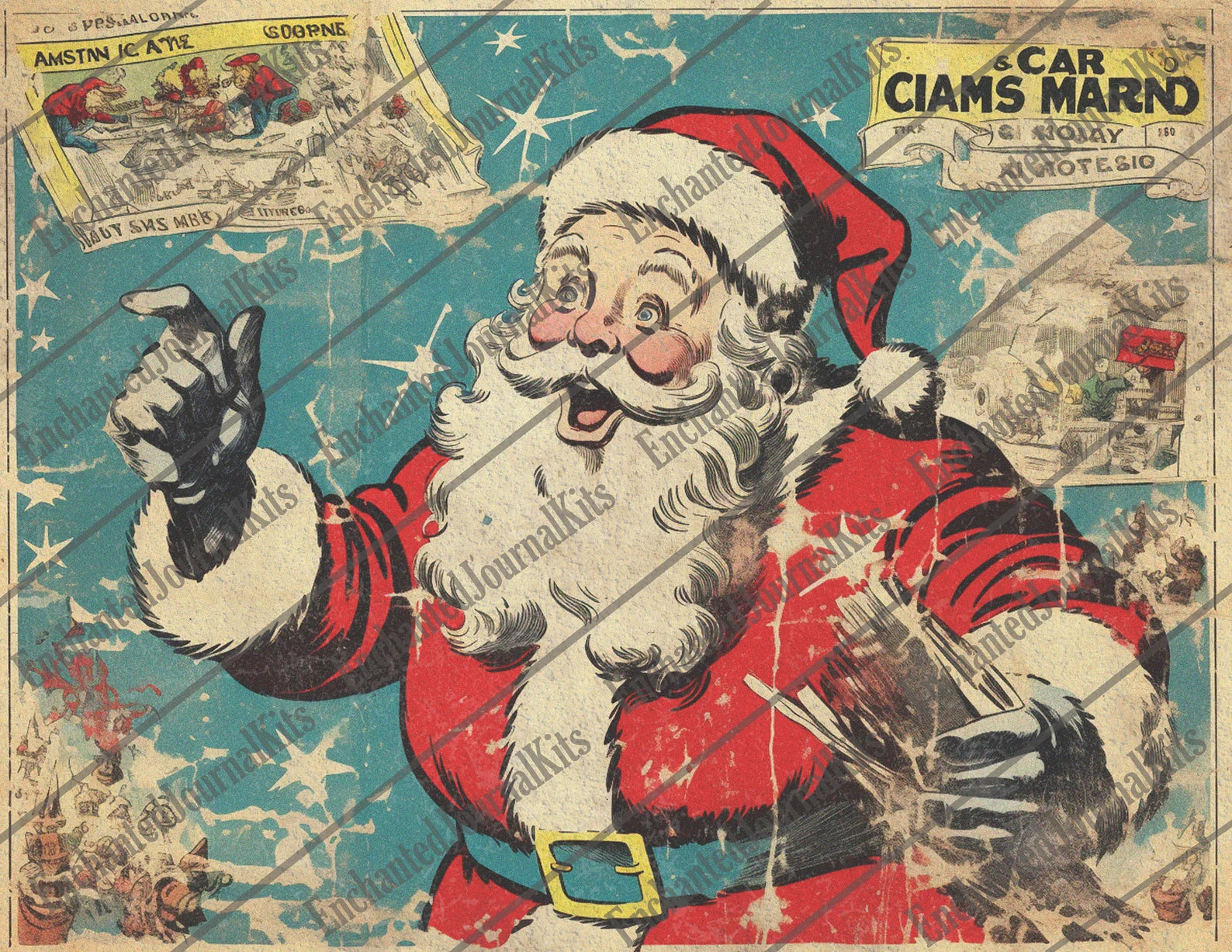 Retro santa printful junkjournal paper Christmas vintage digital downloaded Retro papers Santa junkjournal Christmas clause gifted Comic art