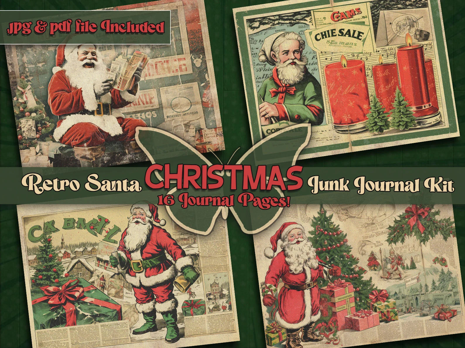 Retro santa printful junkjournal paper Christmas vintage digital downloaded Retro papers Santa junkjournal Christmas clause gifted Comic art
