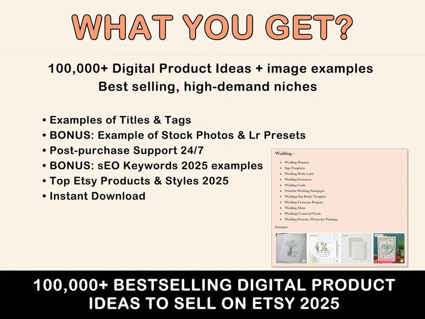 Unlock over 100,000 creative digital product ideas to sell on Etsy, Shopify, or Gumroad! Perfect for beginners