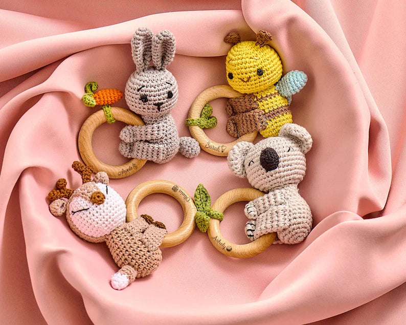 Personalized Crochet Baby Rattle Toy for Girls and Boys, Animal Crochet Baby Rattle, Baby Shower Gift, Baby Rattle Grasping Toy,Newborn Gift