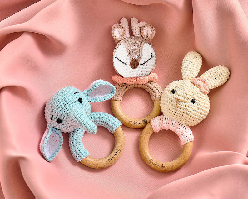Personalized Crochet Baby Rattle Toy for Girls and Boys, Animal Crochet Baby Rattle, Baby Shower Gift, Baby Rattle Grasping Toy,Newborn Gift
