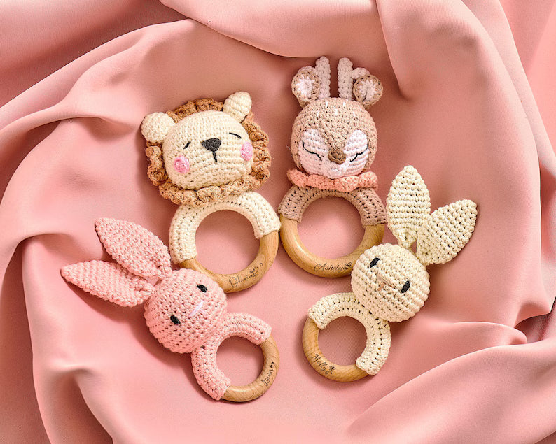Personalized Crochet Baby Rattle Toy for Girls and Boys, Animal Crochet Baby Rattle, Baby Shower Gift, Baby Rattle Grasping Toy,Newborn Gift