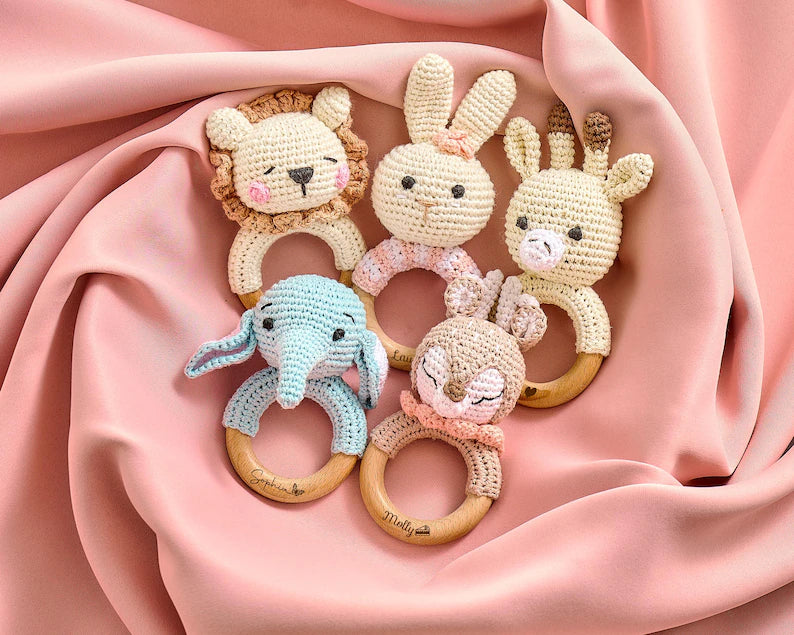 Personalized Crochet Baby Rattle Toy for Girls and Boys, Animal Crochet Baby Rattle, Baby Shower Gift, Baby Rattle Grasping Toy,Newborn Gift