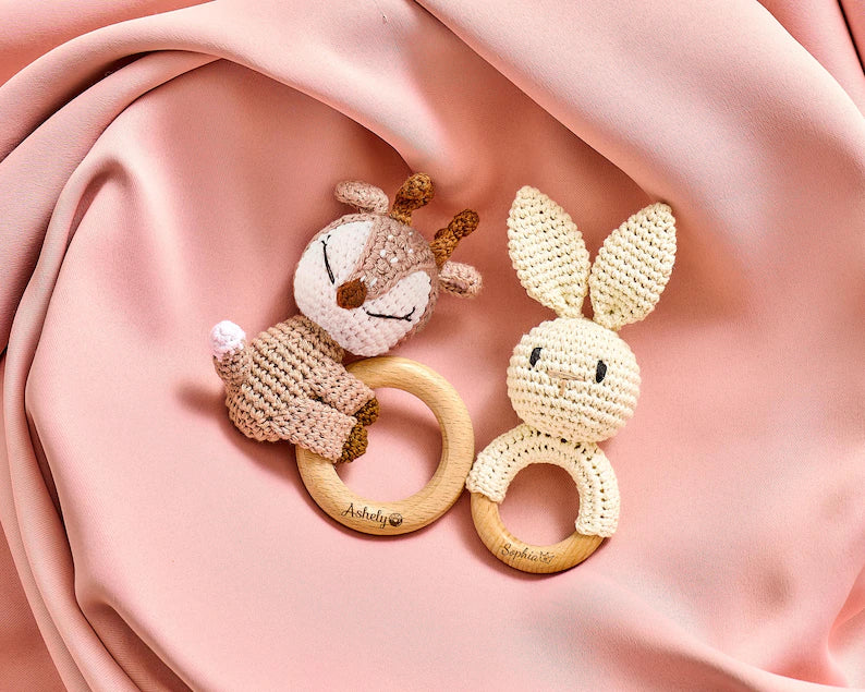 Personalized Crochet Baby Rattle Toy for Girls and Boys, Animal Crochet Baby Rattle, Baby Shower Gift, Baby Rattle Grasping Toy,Newborn Gift