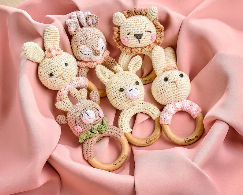 Personalized Crochet Baby Rattle Toy for Girls and Boys, Animal Crochet Baby Rattle, Baby Shower Gift, Baby Rattle Grasping Toy,Newborn Gift